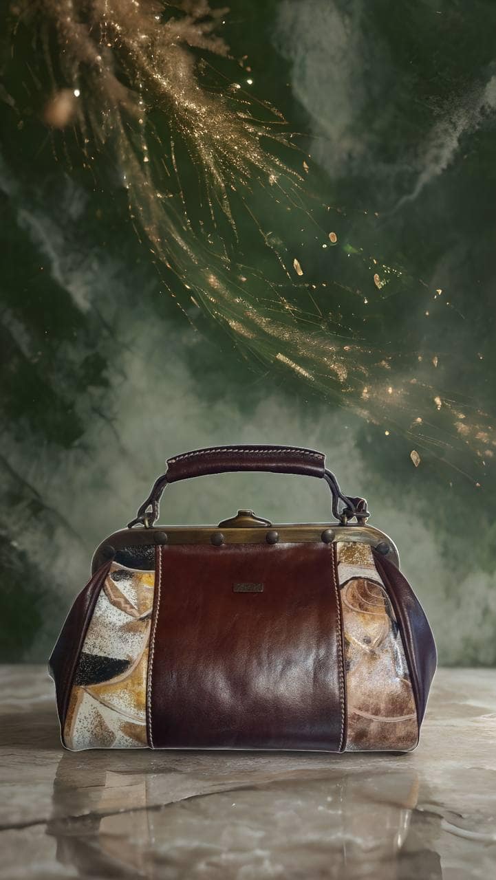 Borsa medico in cuoio con pittura ad olio realizzata a mano